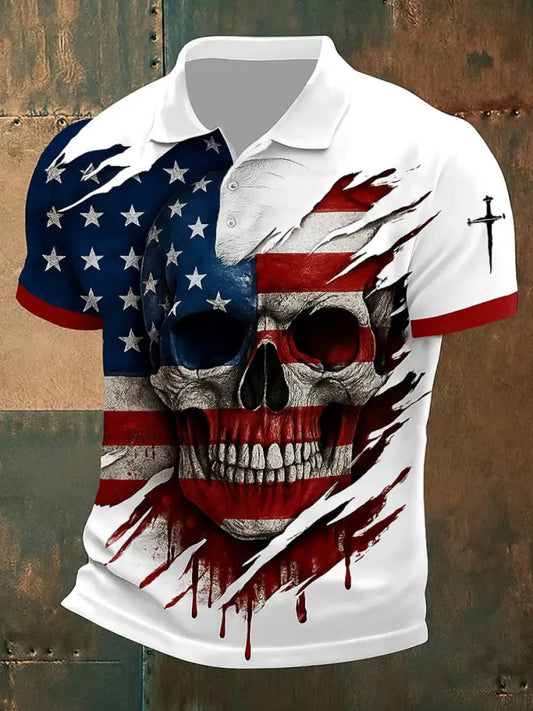 Retro American Flag Skull Art Printed Athletic Retro Style V-Neck Short Sleeves Polo-Shirt A / S