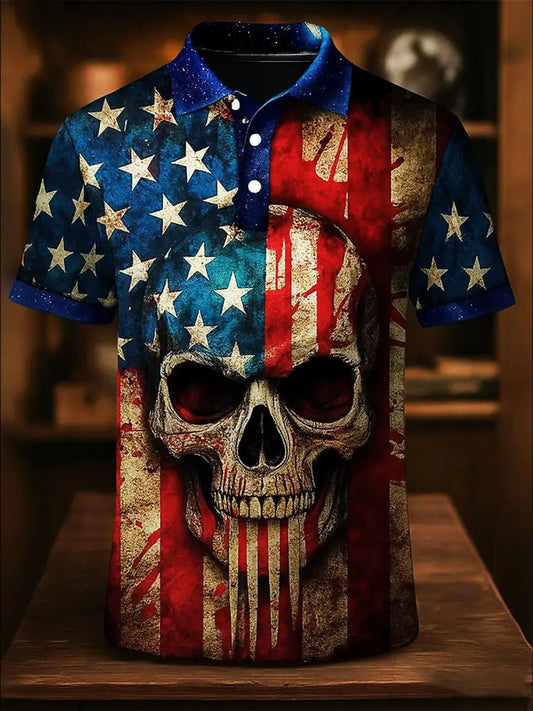 Retro American Flag Skull Art Printed Athletic Retro Style V-Neck Short Sleeves Polo-Shirt A / S