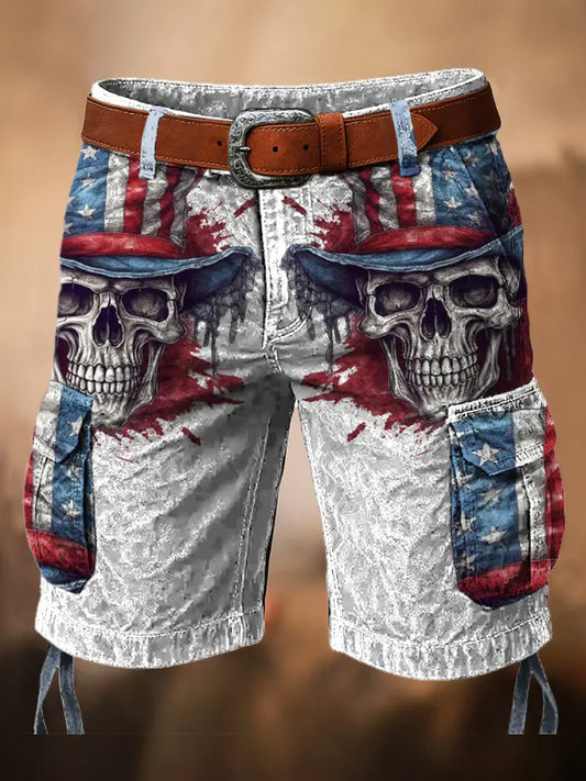 Retro American Flag Skull Art Printed Texture Drawstring Pocket Casual Cargo Shorts A / M