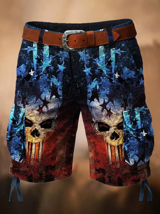 Retro American Flag Skull Art Printed Texture Drawstring Pocket Casual Cargo Shorts A / M