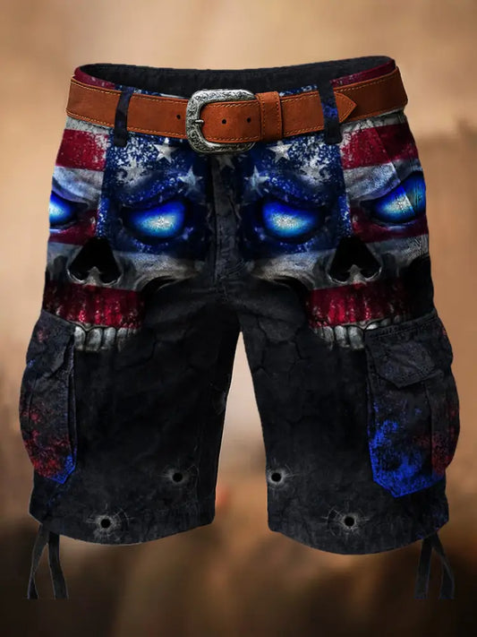 Retro American Flag Skull Art Printed Texture Drawstring Pocket Casual Cargo Shorts A / M
