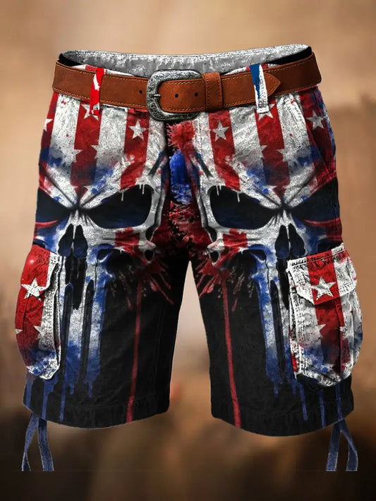 Retro American Flag Skull Art Printed Texture Drawstring Pocket Casual Cargo Shorts A / M