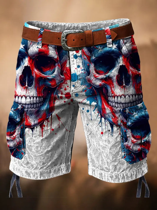 Retro American Flag Skull Art Printed Texture Drawstring Pocket Casual Cargo Shorts A / M
