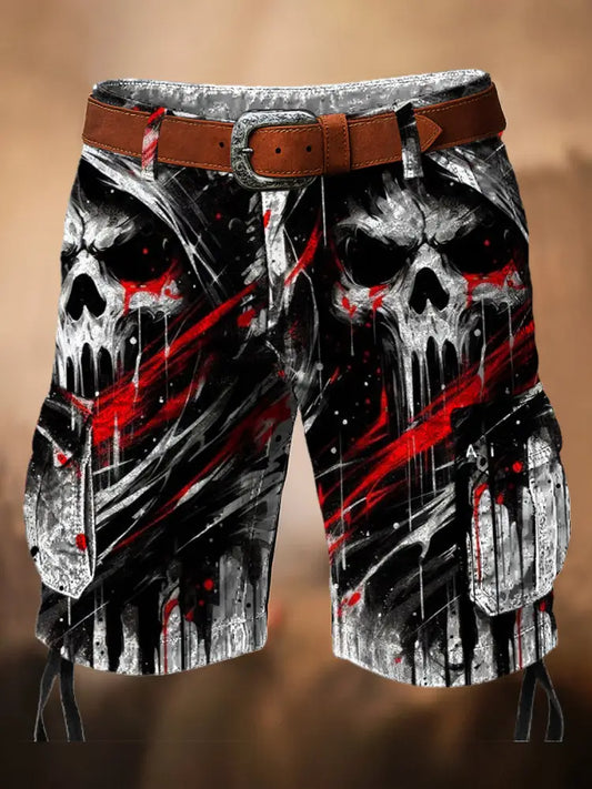 Retro American Flag Skull Art Printed Texture Drawstring Pocket Casual Cargo Shorts A / M