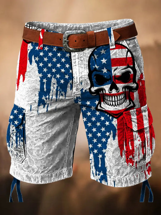 Retro American Flag Skull Art Printed Texture Drawstring Pocket Casual Cargo Shorts A / M