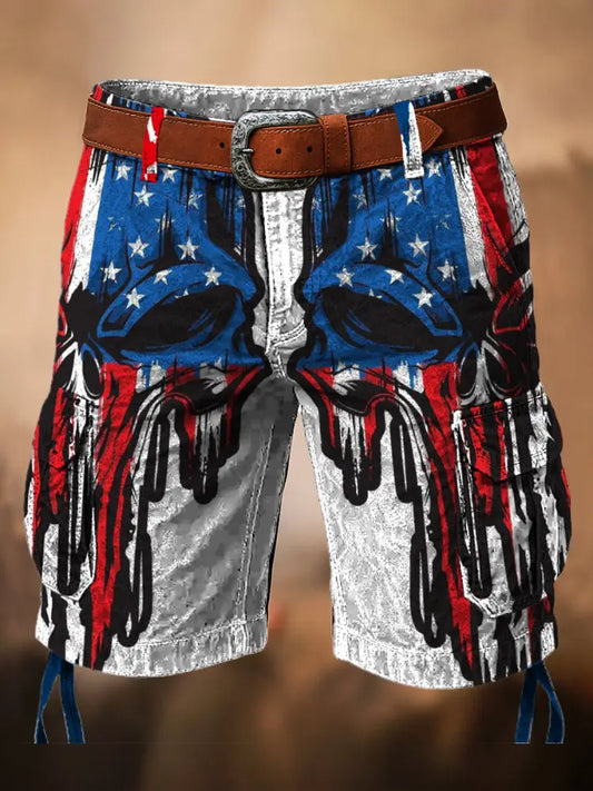 Retro American Flag Skull Art Printed Texture Drawstring Pocket Casual Cargo Shorts A / S