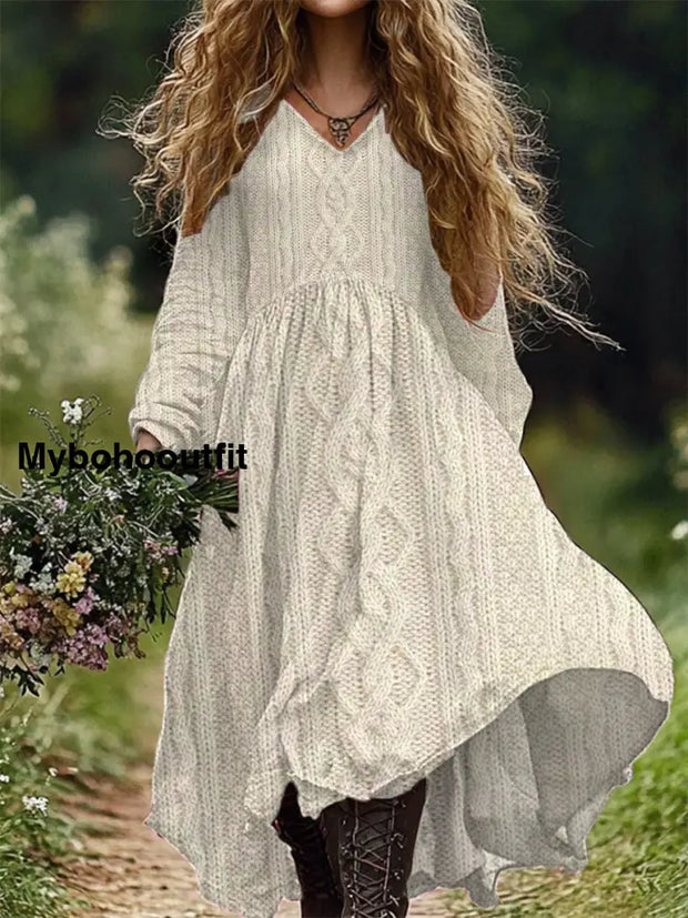 Retro Art Print V-Neck Elegant And Chic Loose Long Sleeve Midi Dress A / S