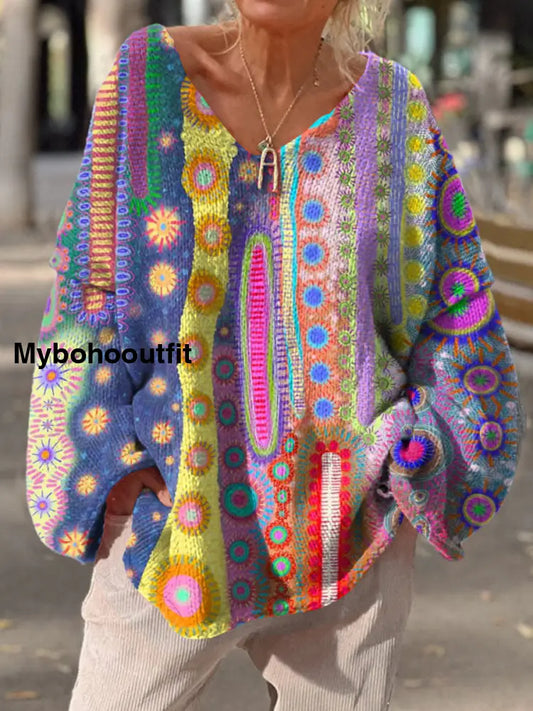 Retro Bohemian Floral Print V-Neck Vintage Loose Long Sleeve Sweater A / S