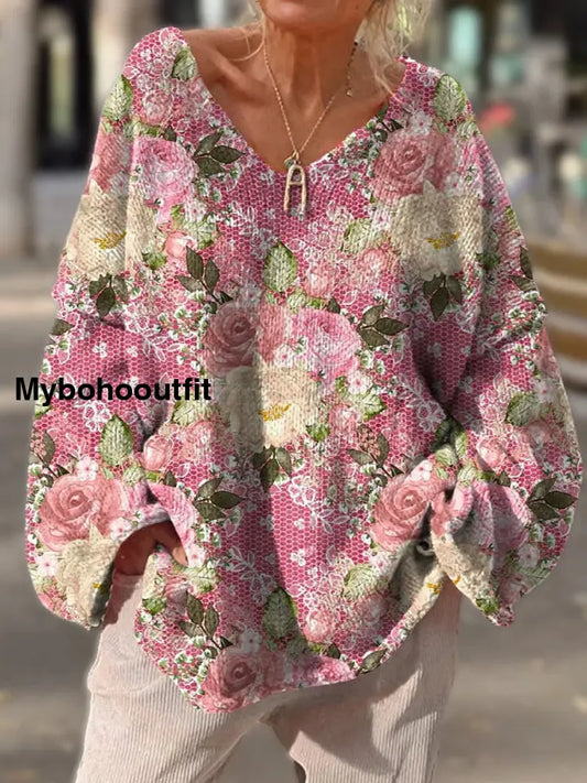 Retro Bohemian Floral Print V-Neck Vintage Loose Long Sleeve Sweater A / S