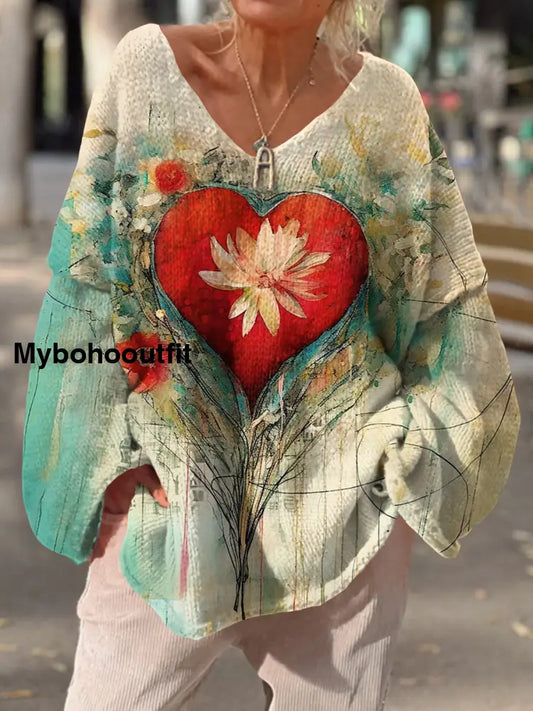 Retro Bohemian Floral Print V-Neck Vintage Loose Long Sleeve Sweater A / S