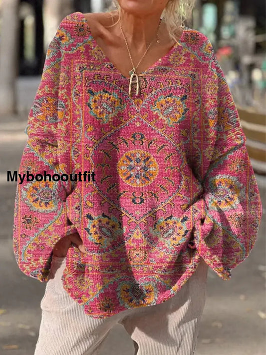 Retro Bohemian Floral Print V-Neck Vintage Loose Long Sleeve Sweater A / S