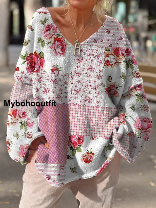 Retro Bohemian Floral Print V-Neck Vintage Loose Long Sleeve Sweater A / S