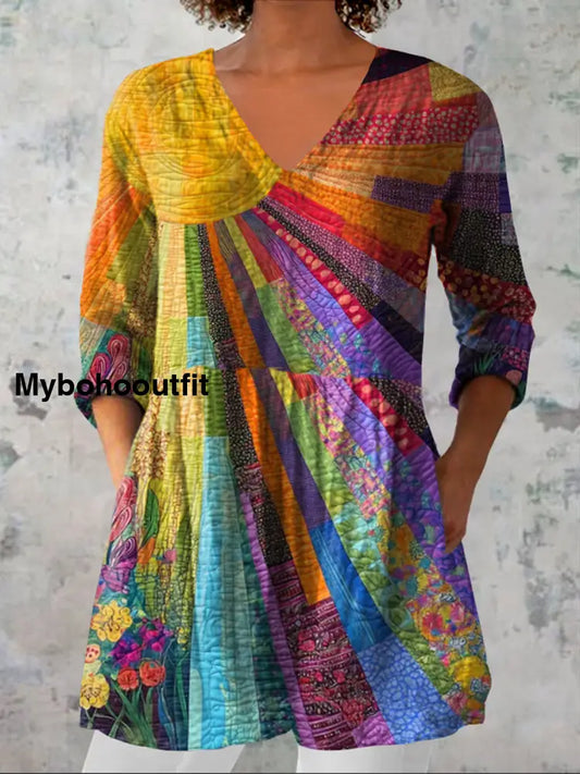 Retro Bohemian Floral Print Vintage Casual Cotton V Neck Long Sleeve T-Shirt A / S
