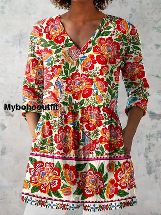Retro Bohemian Floral Print Vintage Casual Cotton V Neck Long Sleeve T-Shirt A / S