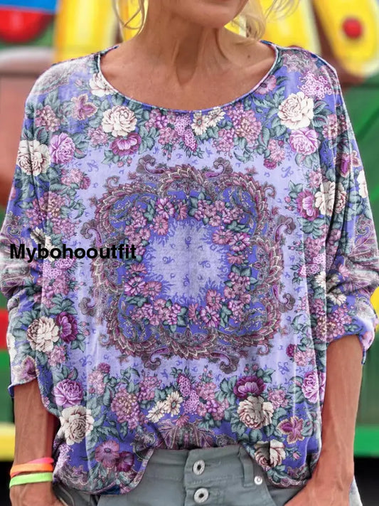 Retro Bohemian Floral Print Vintage Casual Cotton V Neck Long Sleeve T-Shirt A / S