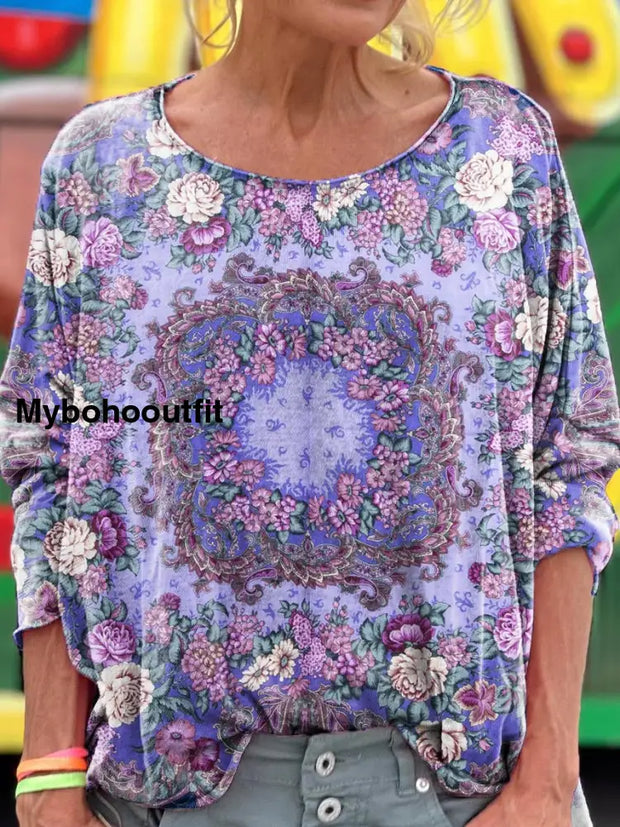 Retro Bohemian Floral Print Vintage Casual Cotton V Neck Long Sleeve T-Shirt A / S