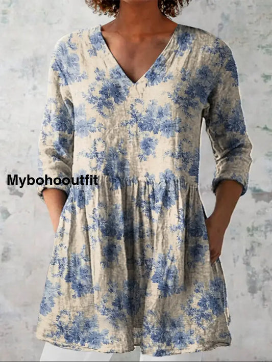 Retro Bohemian Floral Print Vintage Casual Cotton V Neck Long Sleeve T-Shirt A / S