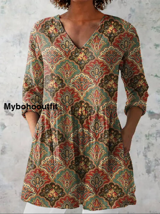 Retro Bohemian Floral Print Vintage Casual Cotton V Neck Long Sleeve T-Shirt A / S