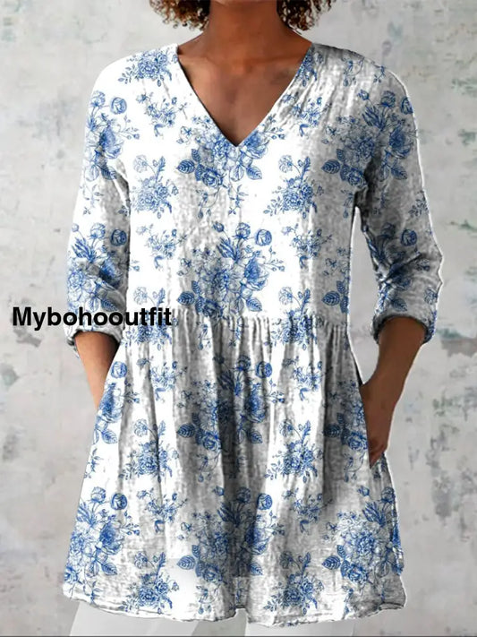 Retro Bohemian Floral Print Vintage Casual Cotton V Neck Long Sleeve T-Shirt A / S