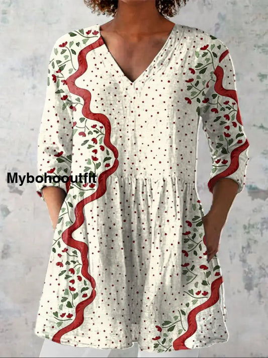 Retro Bohemian Floral Print Vintage Casual Cotton V Neck Long Sleeve T-Shirt A / S