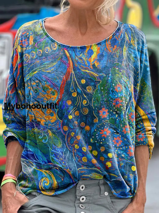 Retro Bohemian Floral Print Vintage Casual Cotton V Neck Long Sleeve T-Shirt A / S
