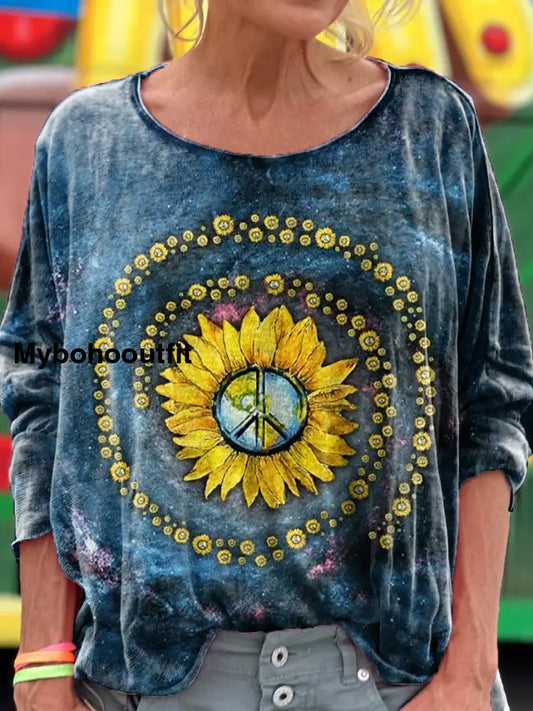 Retro Bohemian Hippie Floral Print Vintage Casual Cotton V Neck Long Sleeve T-Shirt A / S