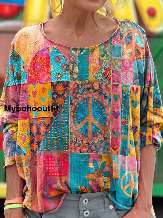 Retro Bohemian Hippie Floral Print Vintage Casual Cotton V Neck Long Sleeve T-Shirt A / S
