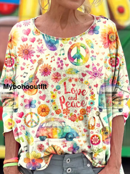 Retro Bohemian Hippie Floral Print Vintage Casual Cotton V Neck Long Sleeve T-Shirt A / S