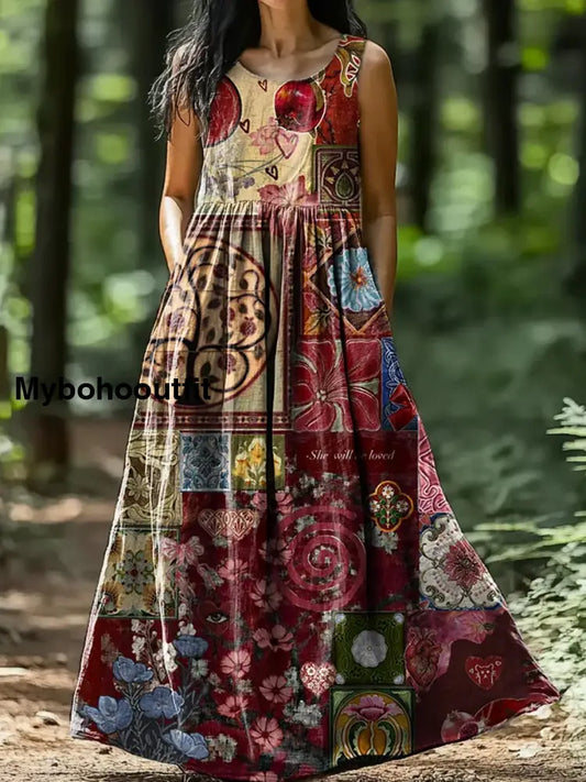 Retro Boho Applique Floral Art Print Round Neck Sleeveless Cotton Pocket Dress A / S