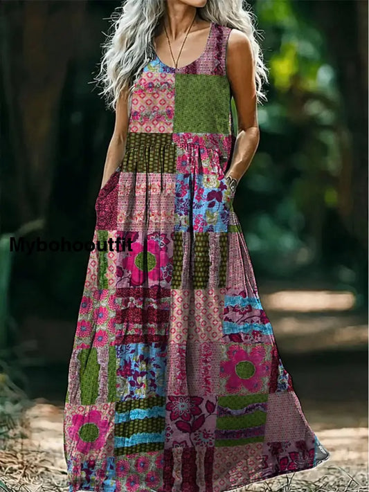 Retro Boho Applique Floral Art Print Round Neck Sleeveless Cotton Pocket Dress A / S