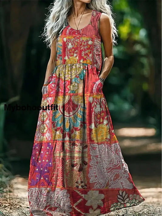 Retro Boho Applique Floral Art Print Round Neck Sleeveless Cotton Pocket Dress A / S