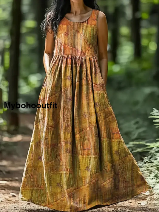 Retro Boho Applique Floral Art Print Round Neck Sleeveless Cotton Pocket Dress A / S
