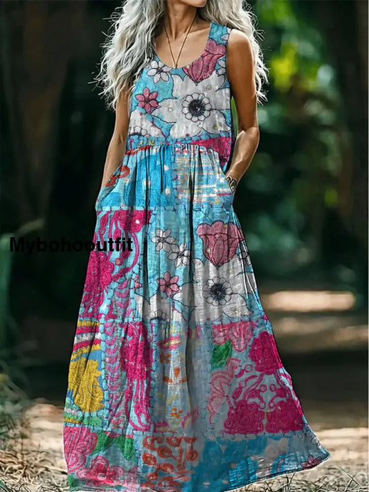 Retro Boho Applique Floral Art Print Round Neck Sleeveless Cotton Pocket Dress A / S