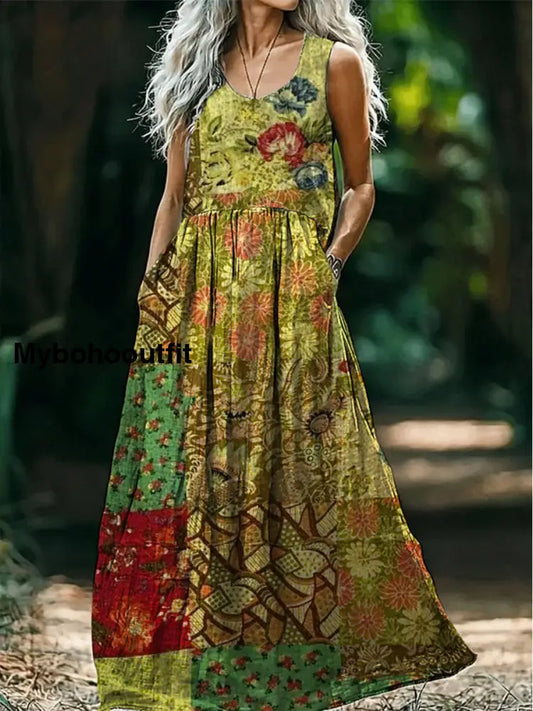 Retro Boho Applique Floral Art Print Round Neck Sleeveless Cotton Pocket Dress A / S