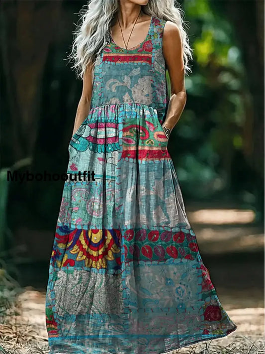 Retro Boho Applique Floral Art Print Round Neck Sleeveless Cotton Pocket Dress A / S