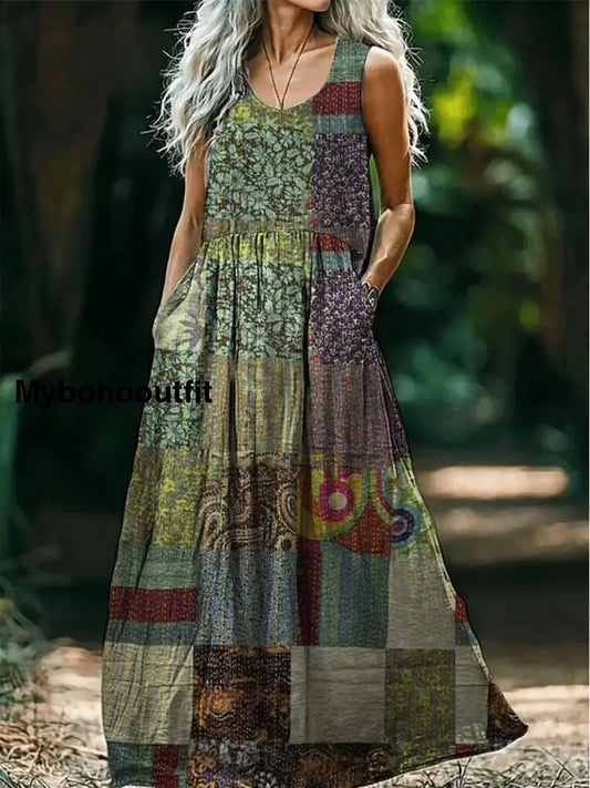 Retro Boho Applique Floral Art Print Round Neck Sleeveless Cotton Pocket Dress A / S