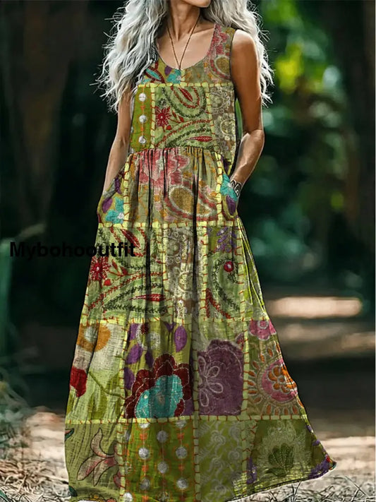 Retro Boho Applique Floral Art Print Round Neck Sleeveless Cotton Pocket Dress A / S