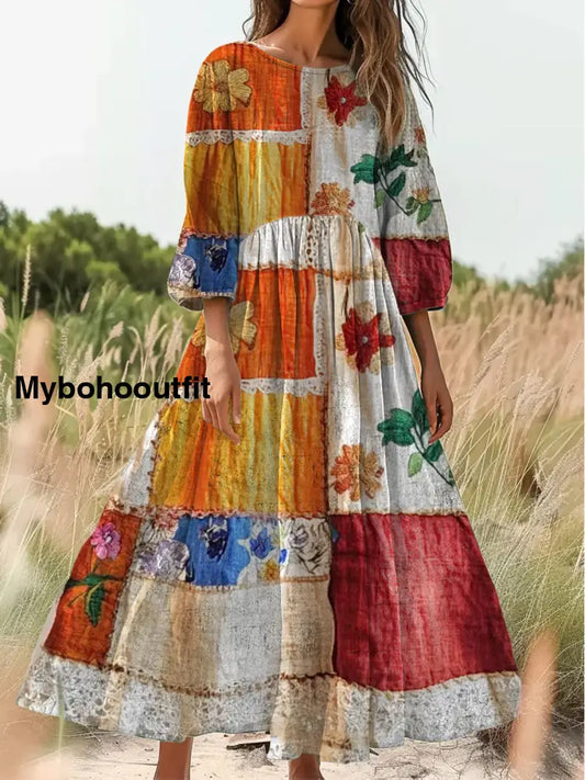 Retro Boho Applique Print Vintage Chic Round Neck Cotton Long Sleeve Midi Dress A / S
