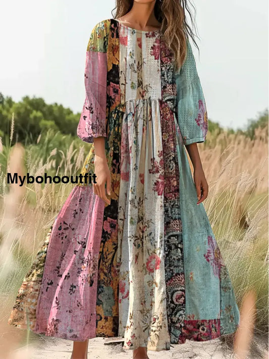 Retro Boho Applique Print Vintage Chic Round Neck Cotton Long Sleeve Midi Dress A / S