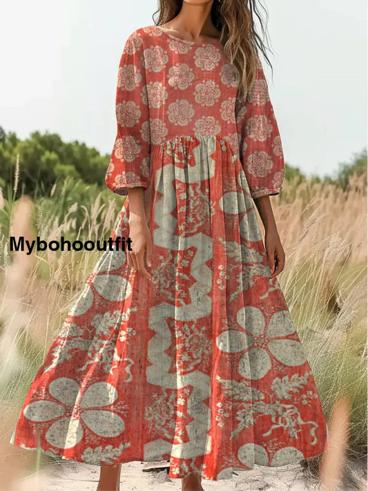 Retro Boho Art Print Vintage Chic Round Neck Cotton Long Sleeve Midi Dress A / S