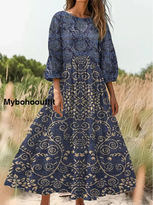 Retro Boho Art Print Vintage Chic Round Neck Cotton Long Sleeve Midi Dress A / S