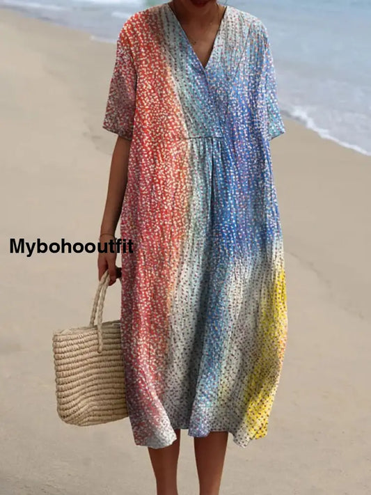 Retro Boho Color Art Design Printed Wide V-Neck Vintage Loose Mid-Length Sleeves Cotton Midi Dress