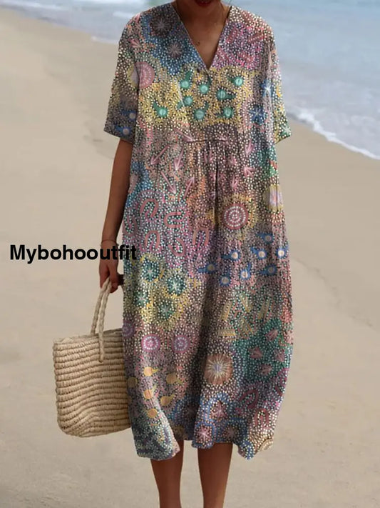Retro Boho Color Art Printed Wide V-Neck Vintage Loose Mid-Length Sleeves Cotton Midi Dress A / S