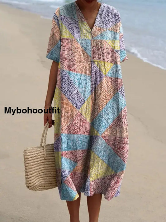 Retro Boho Color Art Printed Wide V-Neck Vintage Loose Mid-Length Sleeves Cotton Midi Dress A / S