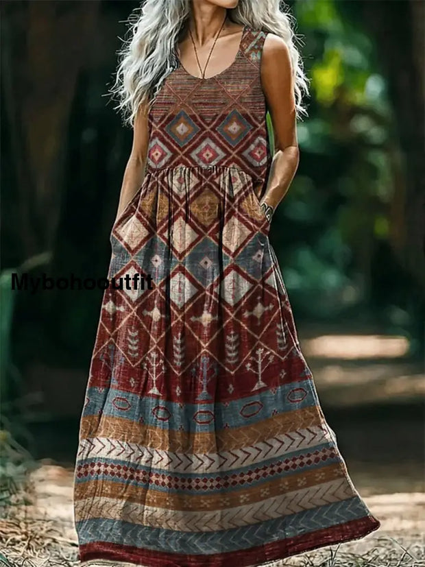 Retro Boho Fantasia Art Print Round Neck Sleeveless Cotton Pocket Dresses A / S