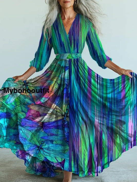 Retro Boho Fantasia Art Printed Vintage V-Neck Long Sleeves Midi Dress A / S
