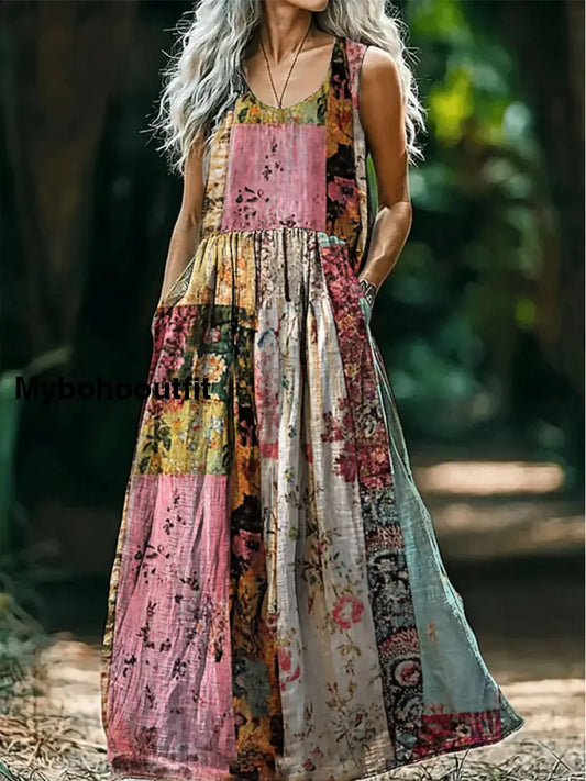 Retro Boho Floral Applique Art Print Round Neck Sleeveless Cotton Pocket Dress A / S