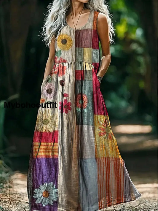 Retro Boho Floral Applique Art Print Round Neck Sleeveless Cotton Pocket Dress A / S