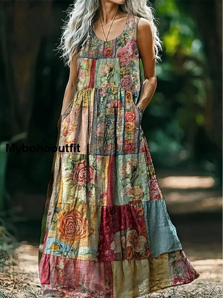Retro Boho Floral Applique Art Print Round Neck Sleeveless Cotton Pocket Dress A / S