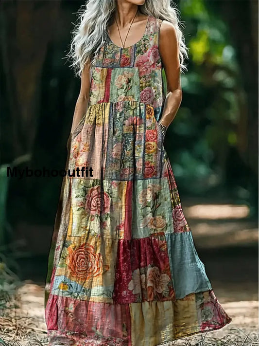 Retro Boho Floral Applique Art Print Round Neck Sleeveless Cotton Pocket Dress A / S